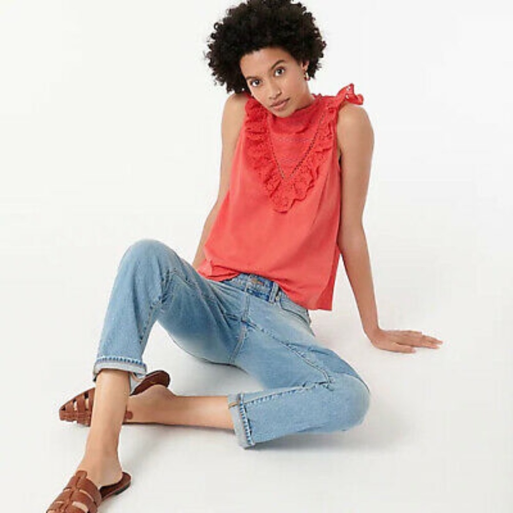 J Crew Moss Green Eyelet Cotton Ruffle Front Tank Top M - Picture 4 of 4